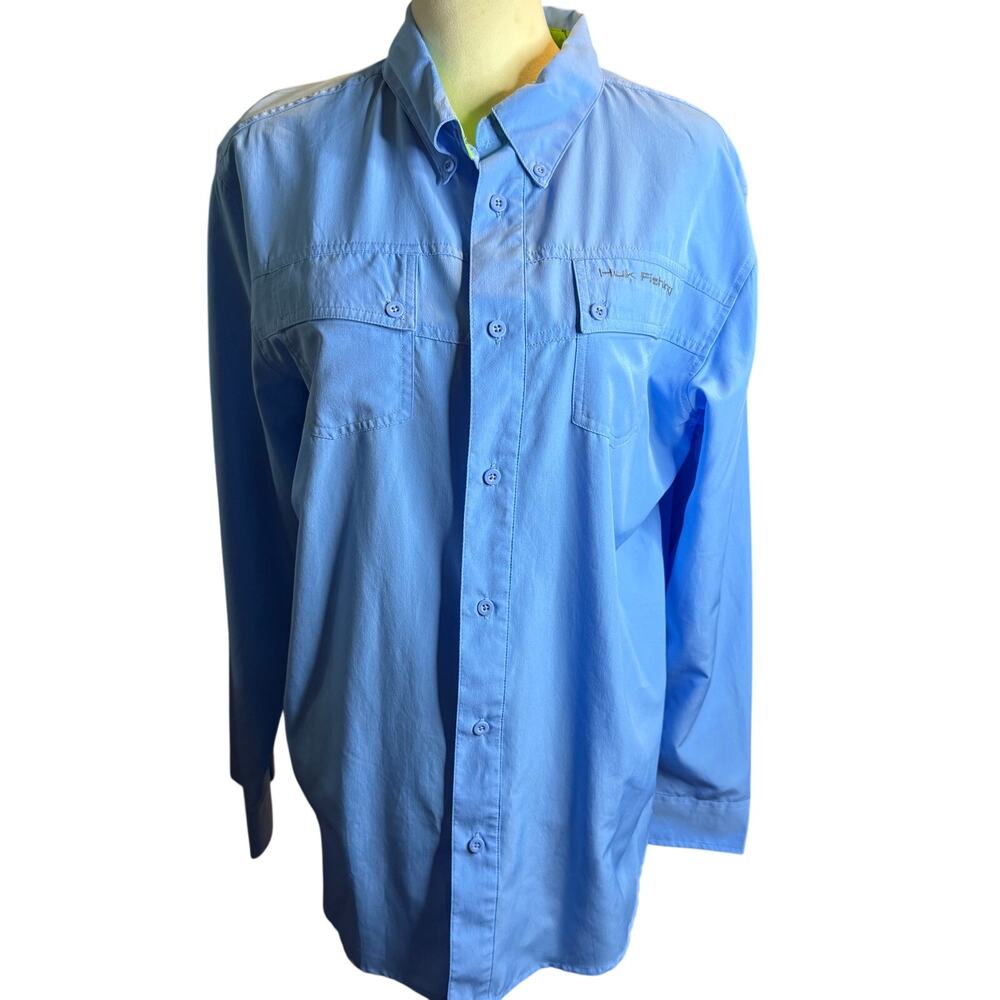 Huk Fishing Long Sleeve Vented Button Down Performance Shirt, Blue, Men's Large